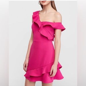 Express hot pink asymmetrical hemline mini dress with off shoulder strap